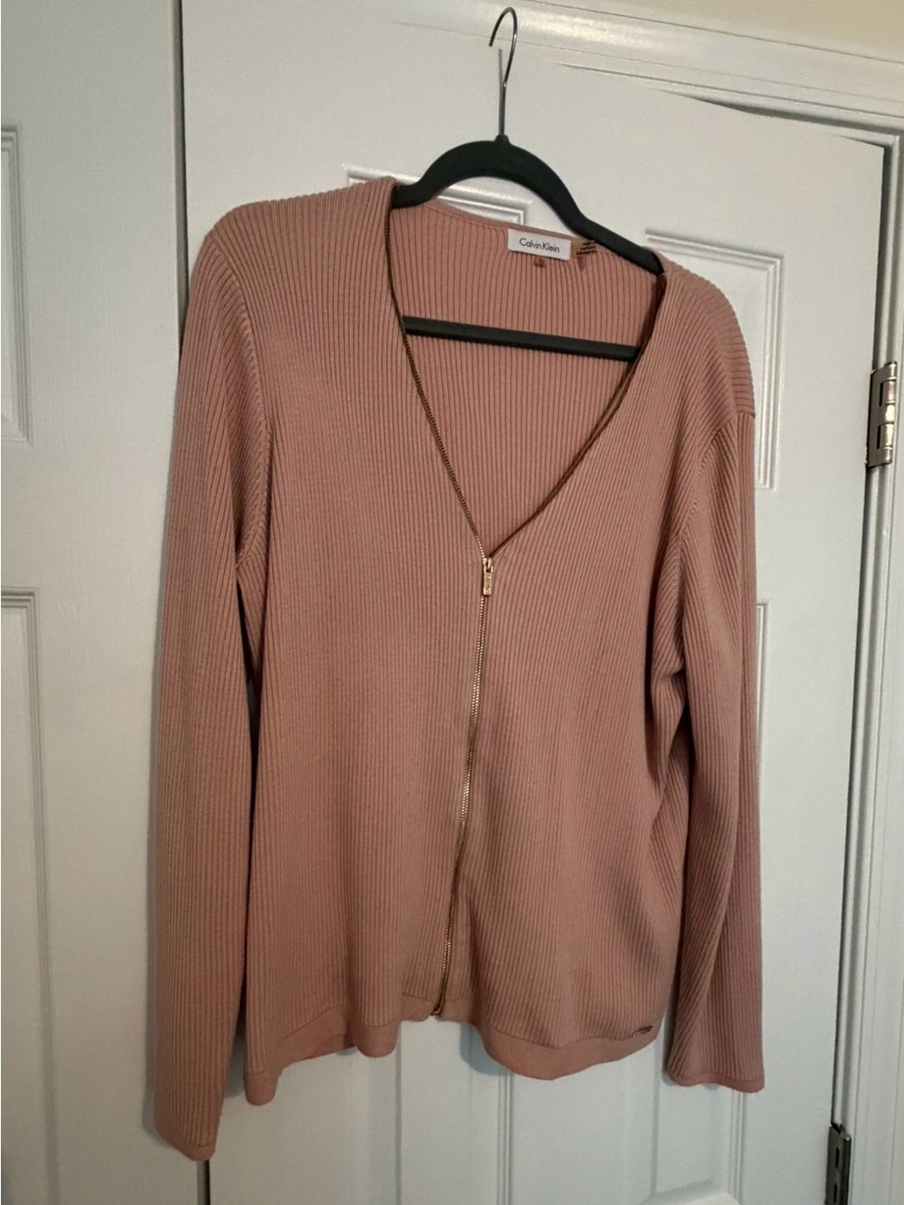 Calvin Klein Ribbed Zip-Front Cardigan in Dusty Rose